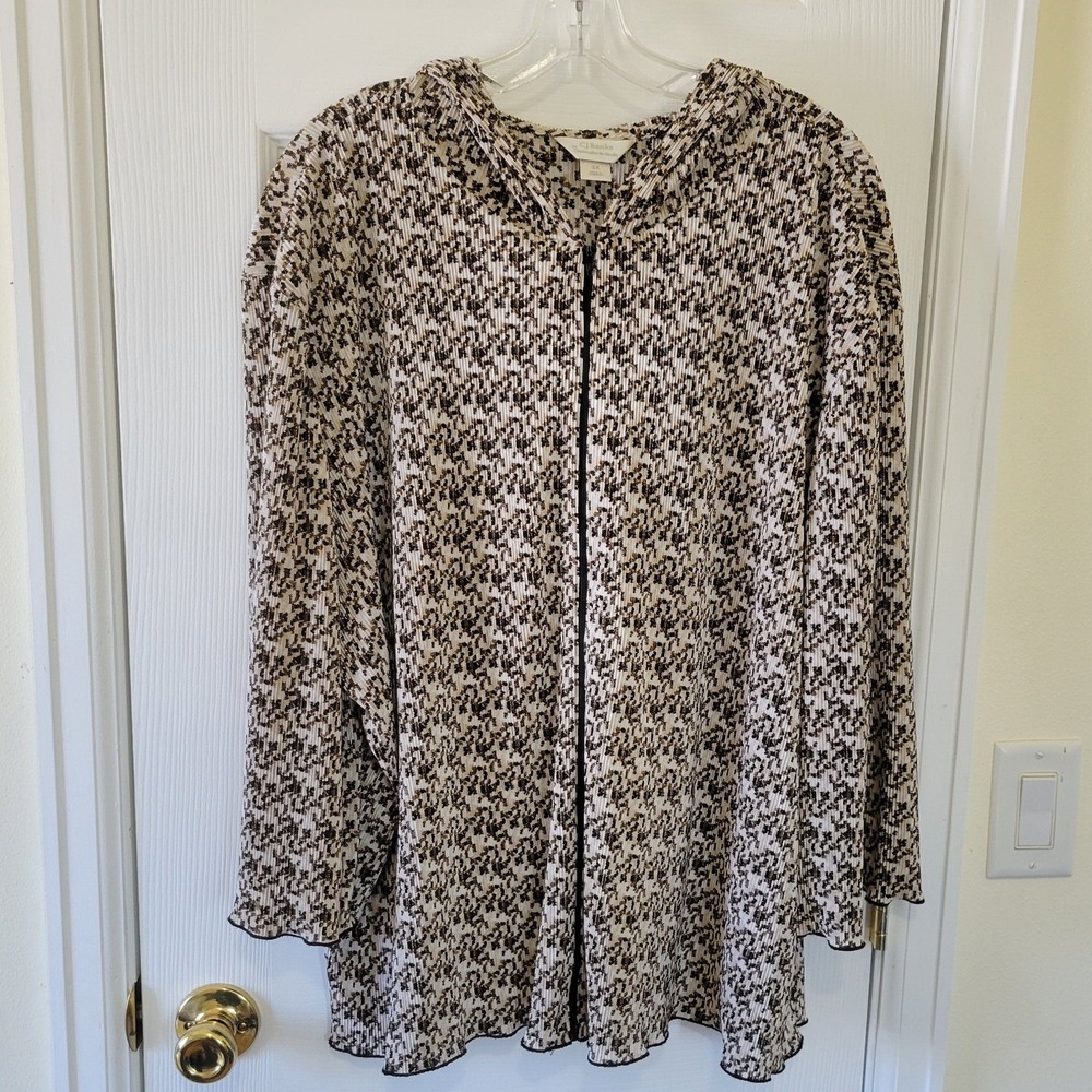 CJ Banks Women 3X Brown Abstract Plisse Pleated Zip Up Hooded Jacket Top